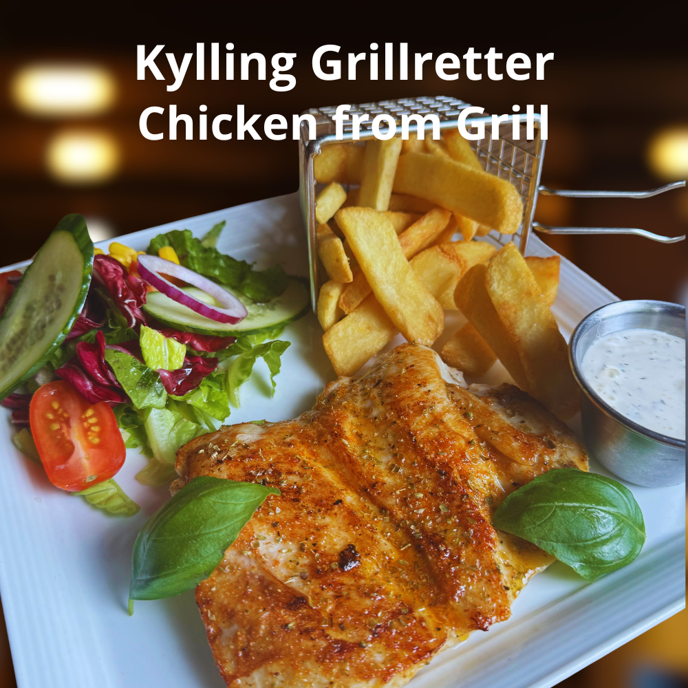 Kylling grillretter hos Cafe Toscana – grillet kyllingbryst med fries og salat