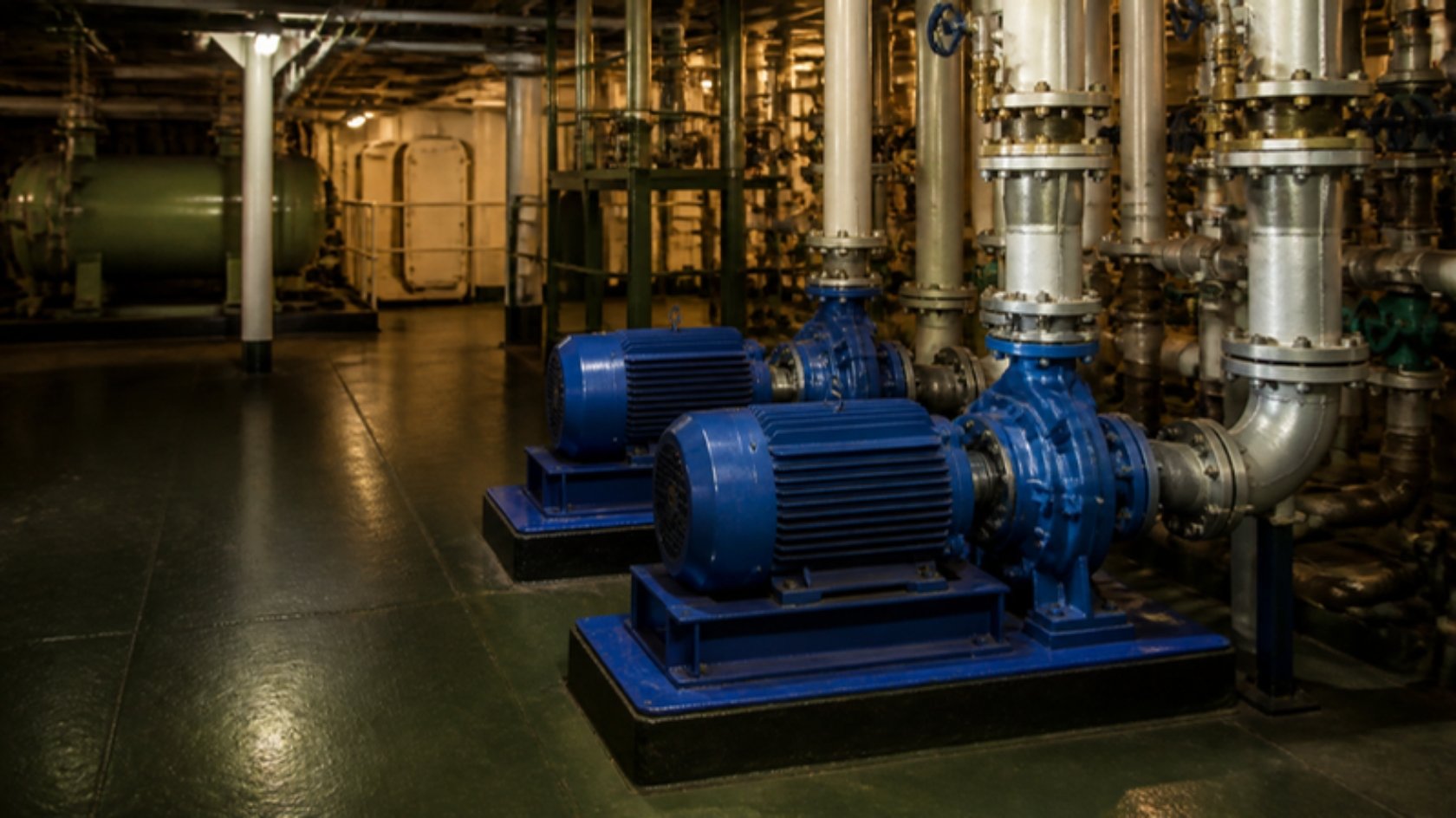 Illustration of horizontal centrifugal pumps in an engine room in use