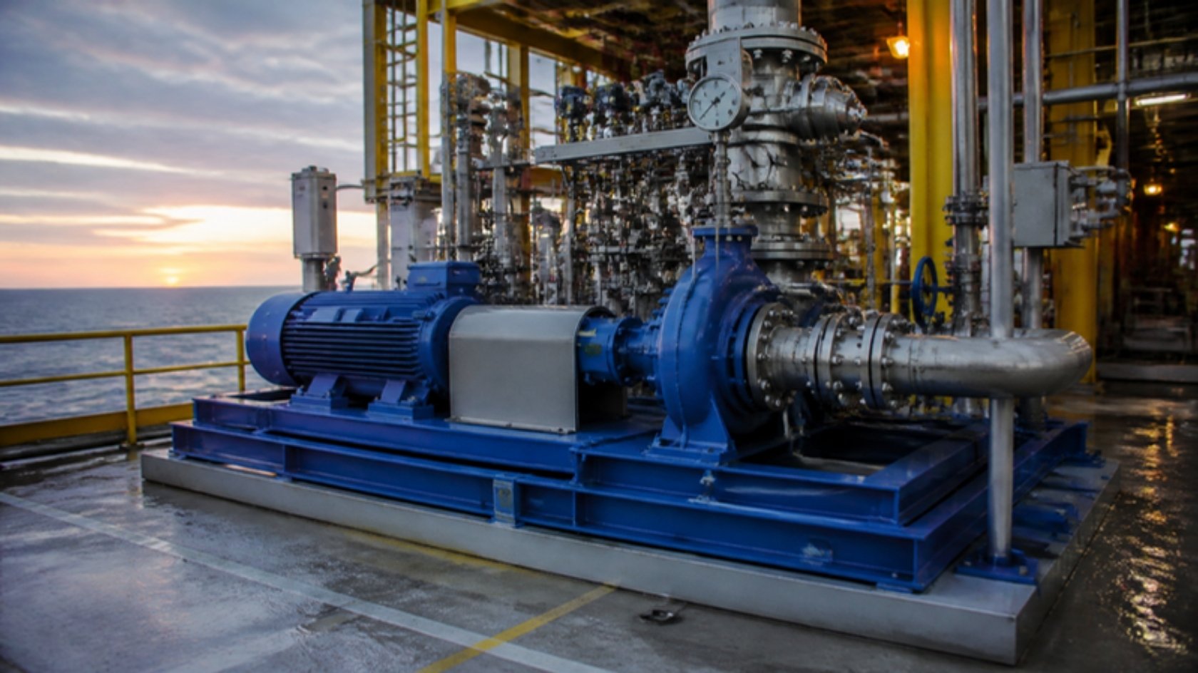 Illustration of a blue process pump with electric motor on an offshore platform
