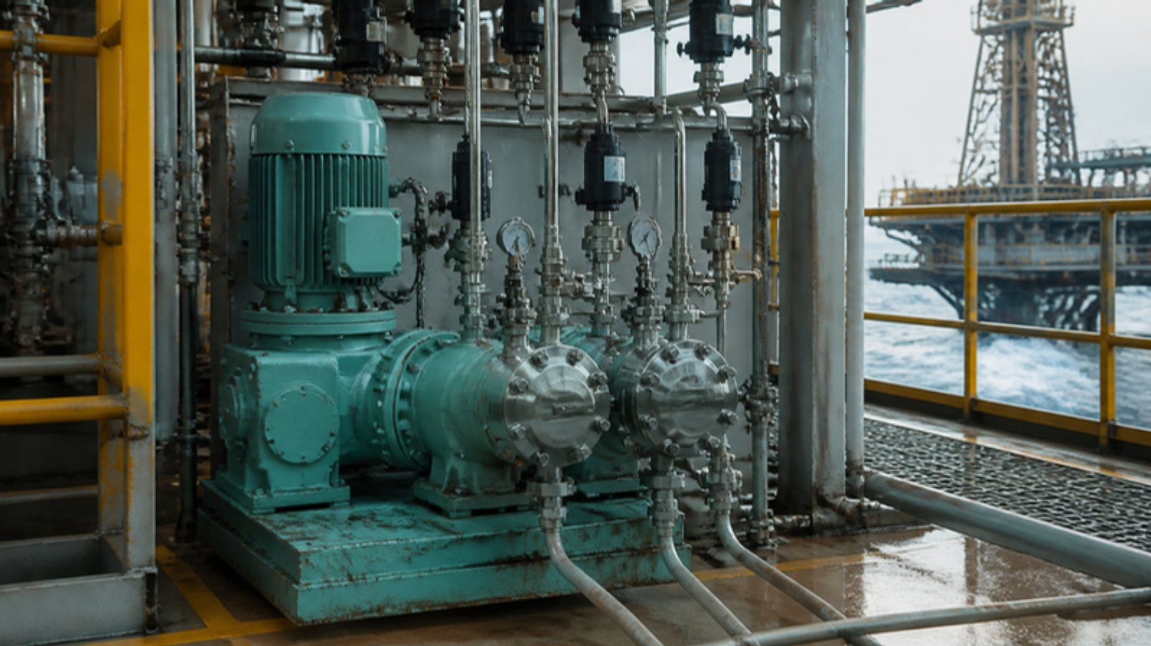 Illustration of a metering pump on an offshore platform