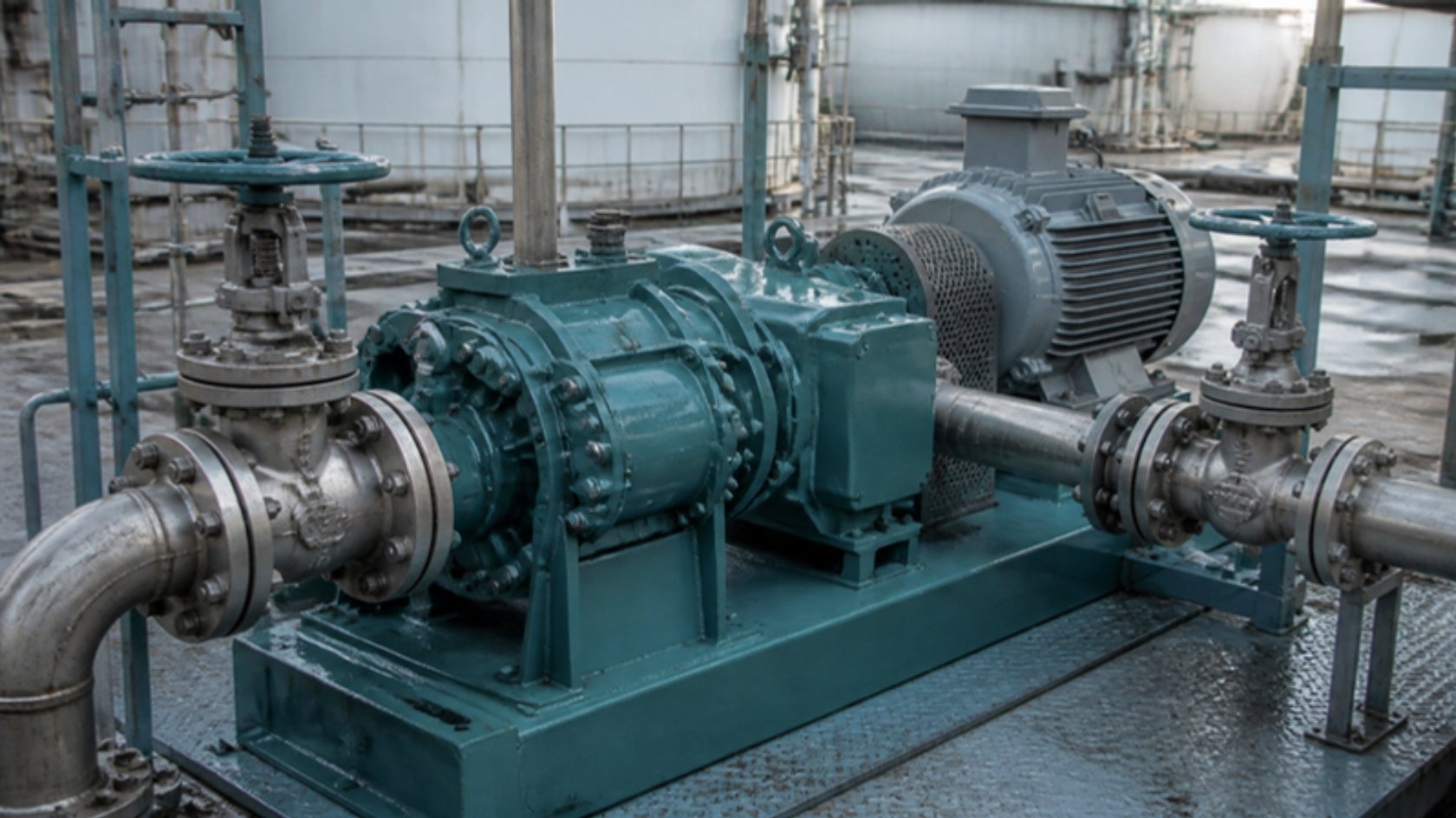 Illustration of a gear pump on a skid in an oil facility