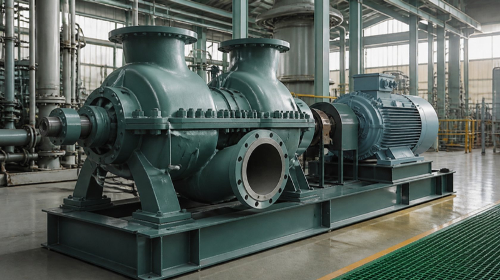 Illustration of a double suction process pump in a pump hall