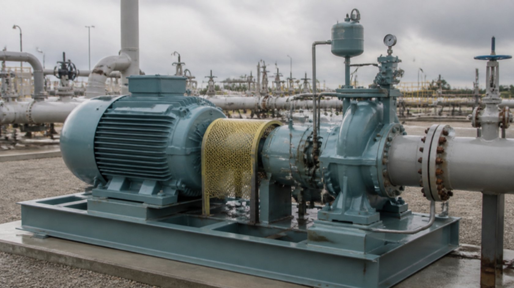 Illustration of a process pump on a skid at a pipeline station