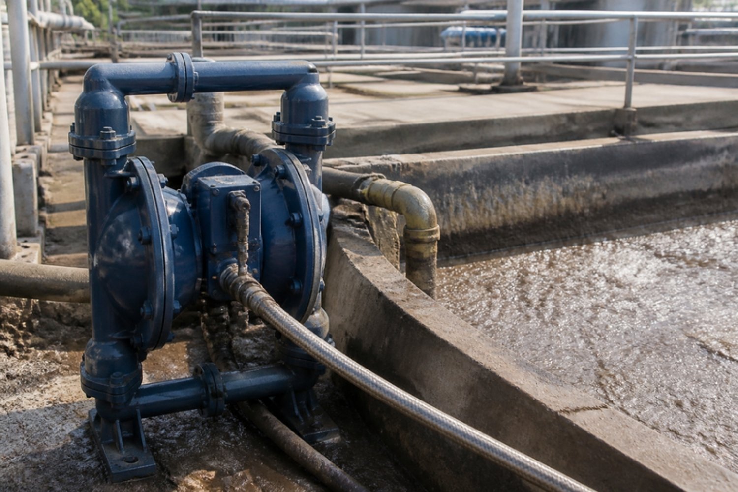 Illustration of an air-operated diaphragm pump by a sludge basin