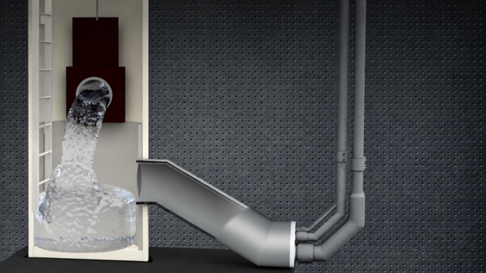 Illustration of SCS: the sump fills, and an inclined collecting pipe at 30 degrees leads into the pump suction pipes