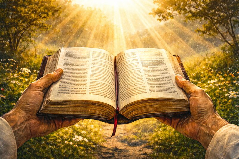 Åpen bibel holdt i hendene i sollys