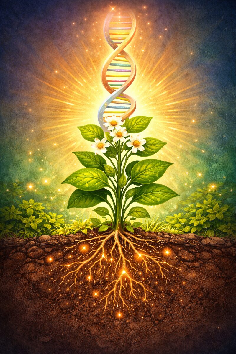 DNA-spiral som vokser som en plante med røtter i jorda