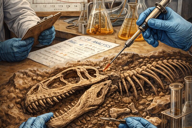 Forsker undersøker dinosaurfossil i laboratorium