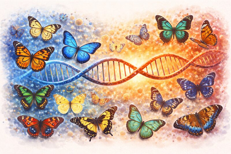 Sommerfugler rundt en DNA-spiral – biologisk informasjon og variasjon