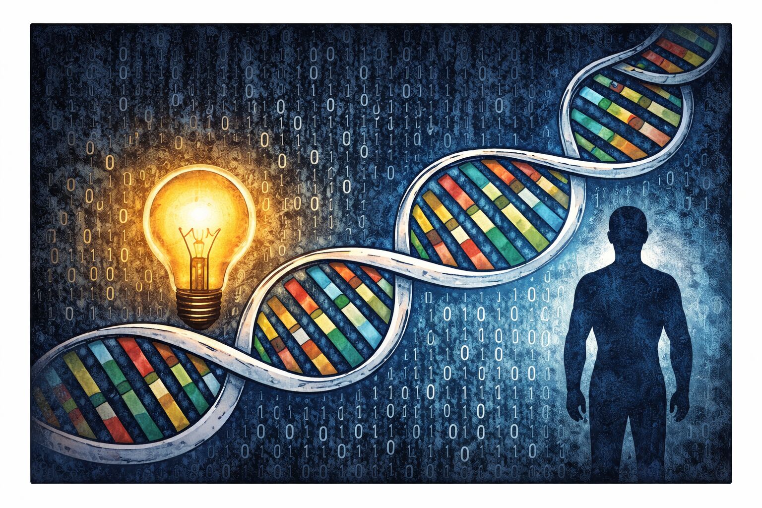 DNA-spiral ved siden av lyspære og menneskesilhuett – kodet informasjon peker mot intelligens