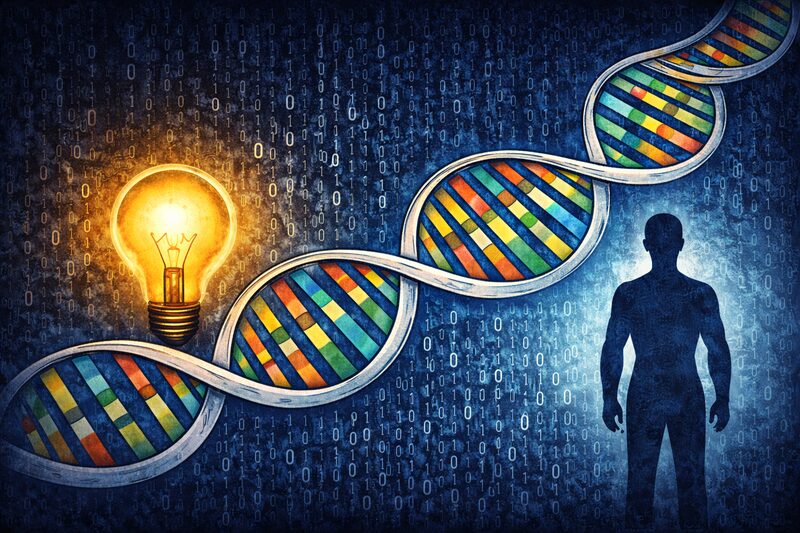 DNA-spiral over binærkode med lyspære – DNA som kodet informasjon