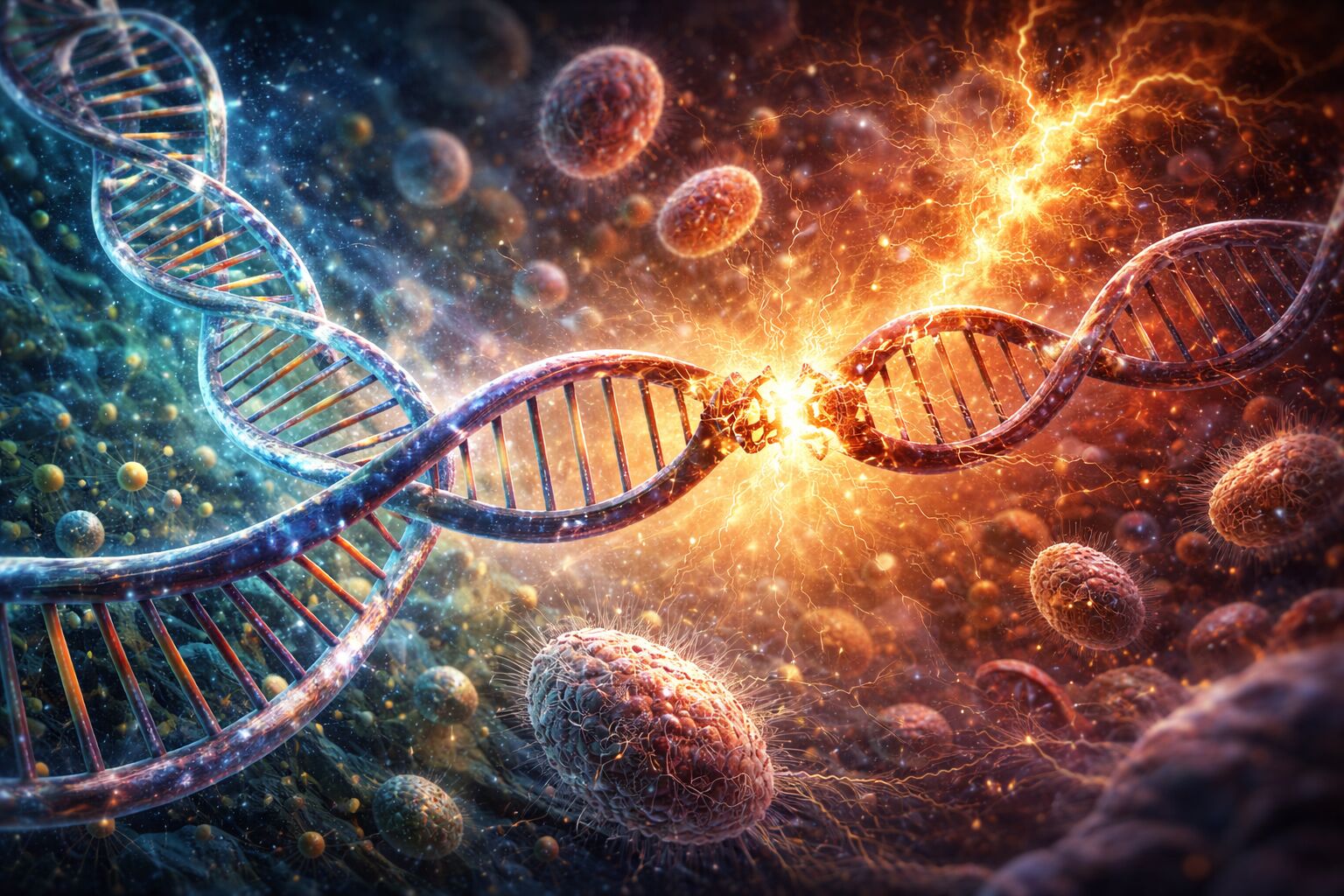 Illustrasjon av DNA-spiral med mutasjoner – tilfeldige endringer i eksisterende genetisk informasjon
