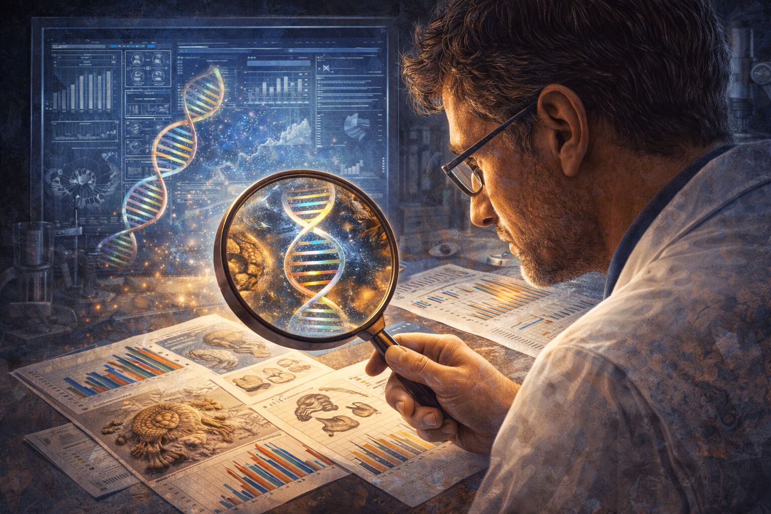 Forsker gransker en DNA-spiral med lupe – begrepet evolusjon under lupen