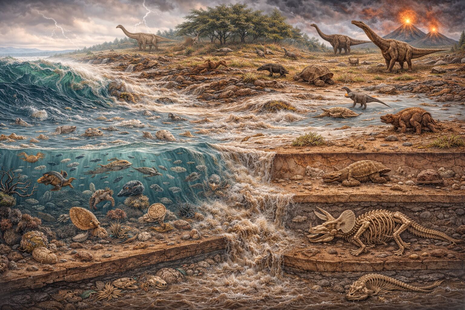 Landskap med tydelige jordlag og fossiler – fossilrekkefølgen som resultat av sortering
