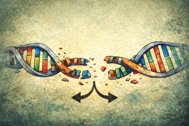 DNA-tråd som brytes i to – illustrasjon av mutasjoner