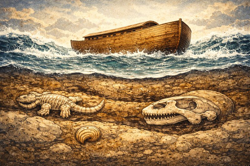 Noahs ark på havet med fossiler i forgrunnen – global flom