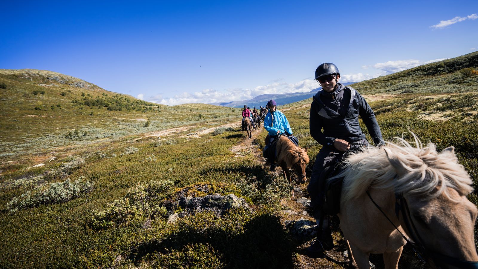 Ryttere på islandshest i fjellet ved Rondane