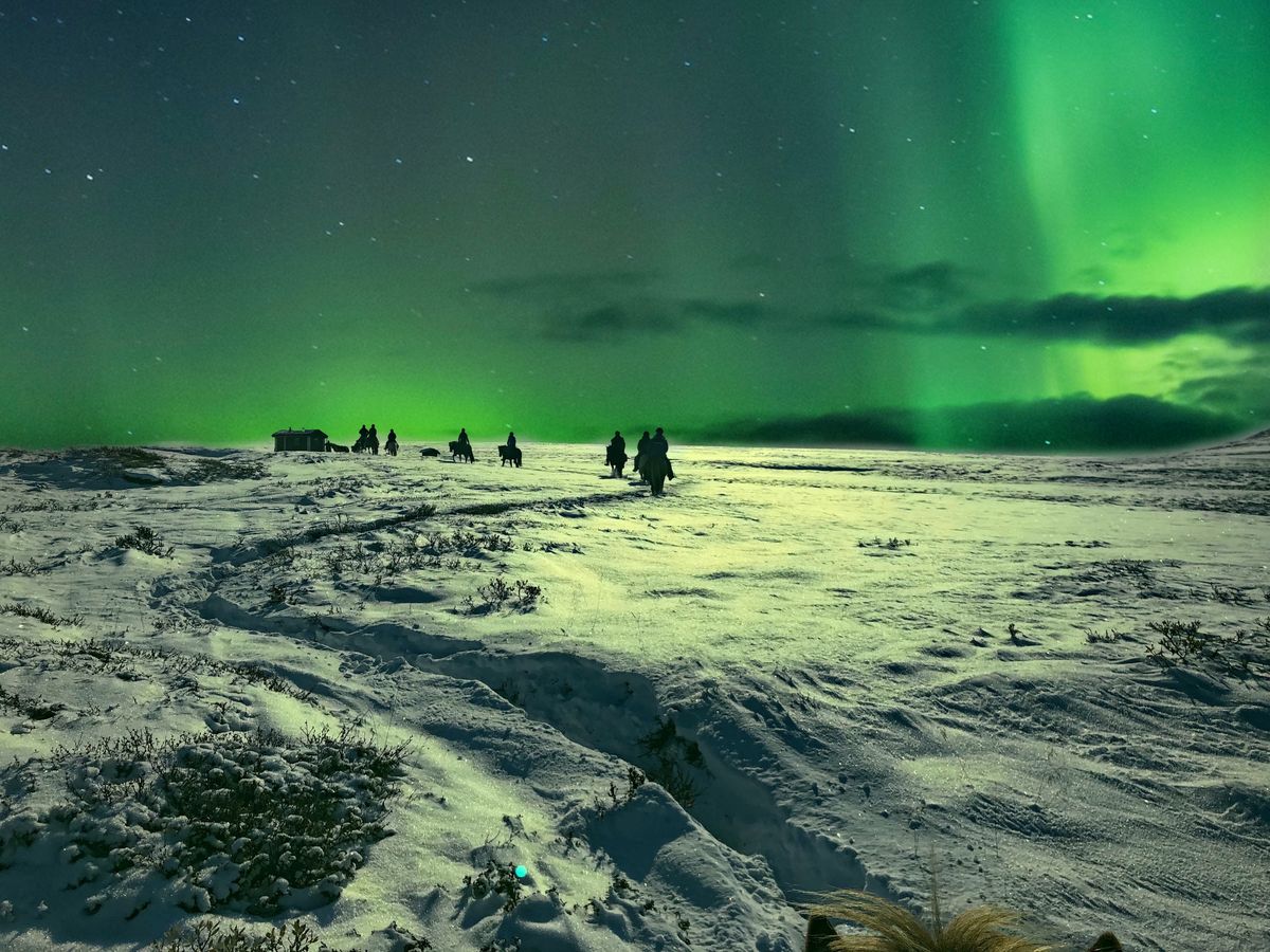 Nordlys over snødekt landskap ved Kvistli