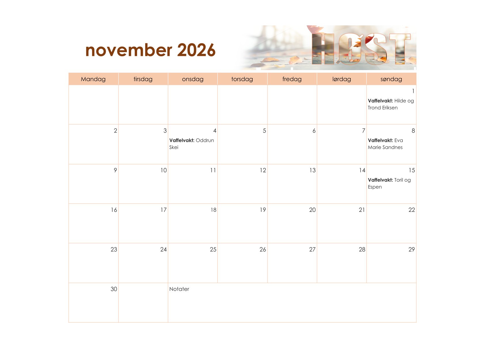 Vaffelvakter oktober 2026 – Stavsøra kalender