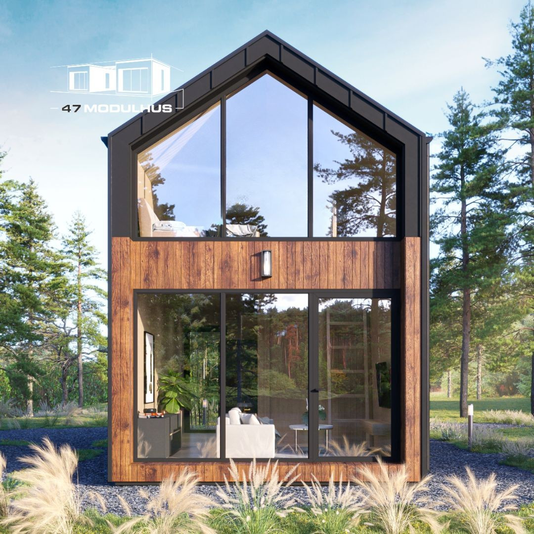 Moderne modulhus i treverk med store vinduer