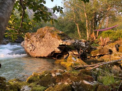 Hengekøyepark under åpen himmel ved campingen