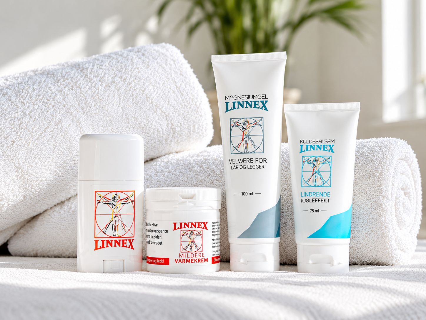Linnex varmestift, mildere varmekrem, magnesiumgel og kuldebalsam