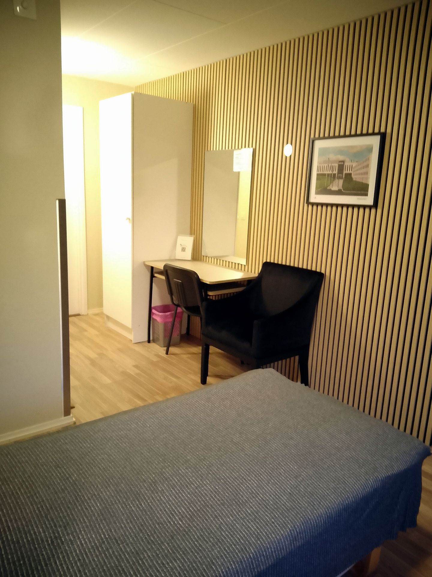 Enkeltrom med skrivebord og spilevegg på Badeland Gjestegård