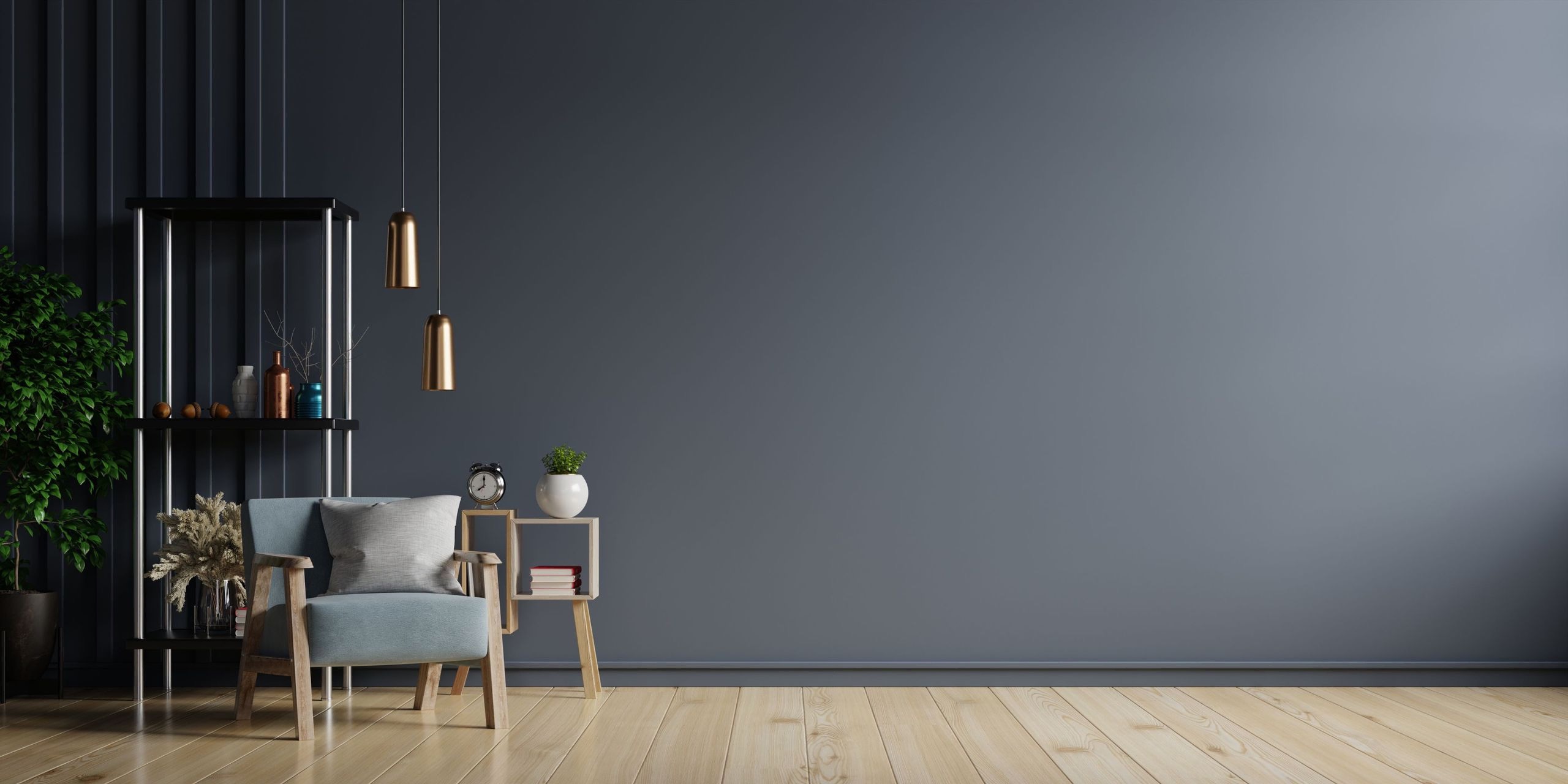 Moderne interiør med mørk vegg og lenestol