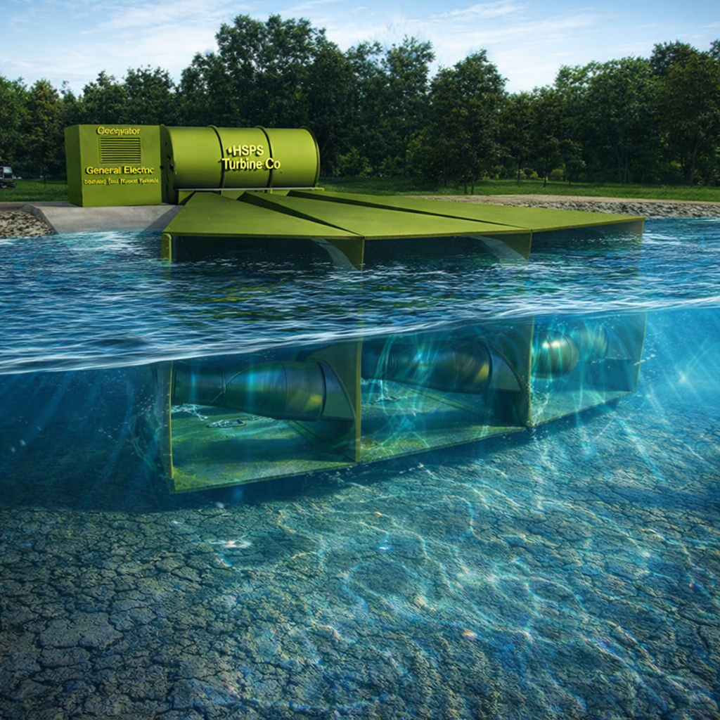 HSPS – 3D-illustrasjon av kystbasert bølgekraftanlegg med kanal, luftkammer, turbin og generator