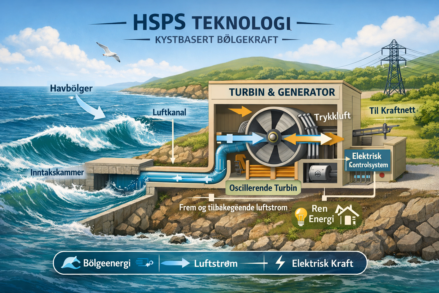 HSPS – illustrasjon av kystbasert bølgekraft med kanal og turbin på land