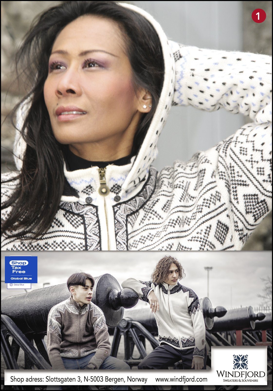 Windfjord – authentic Norwegian sweaters, rainwear and souvenirs. Number 1 on the map, Slottsgaten 3, Bergen.