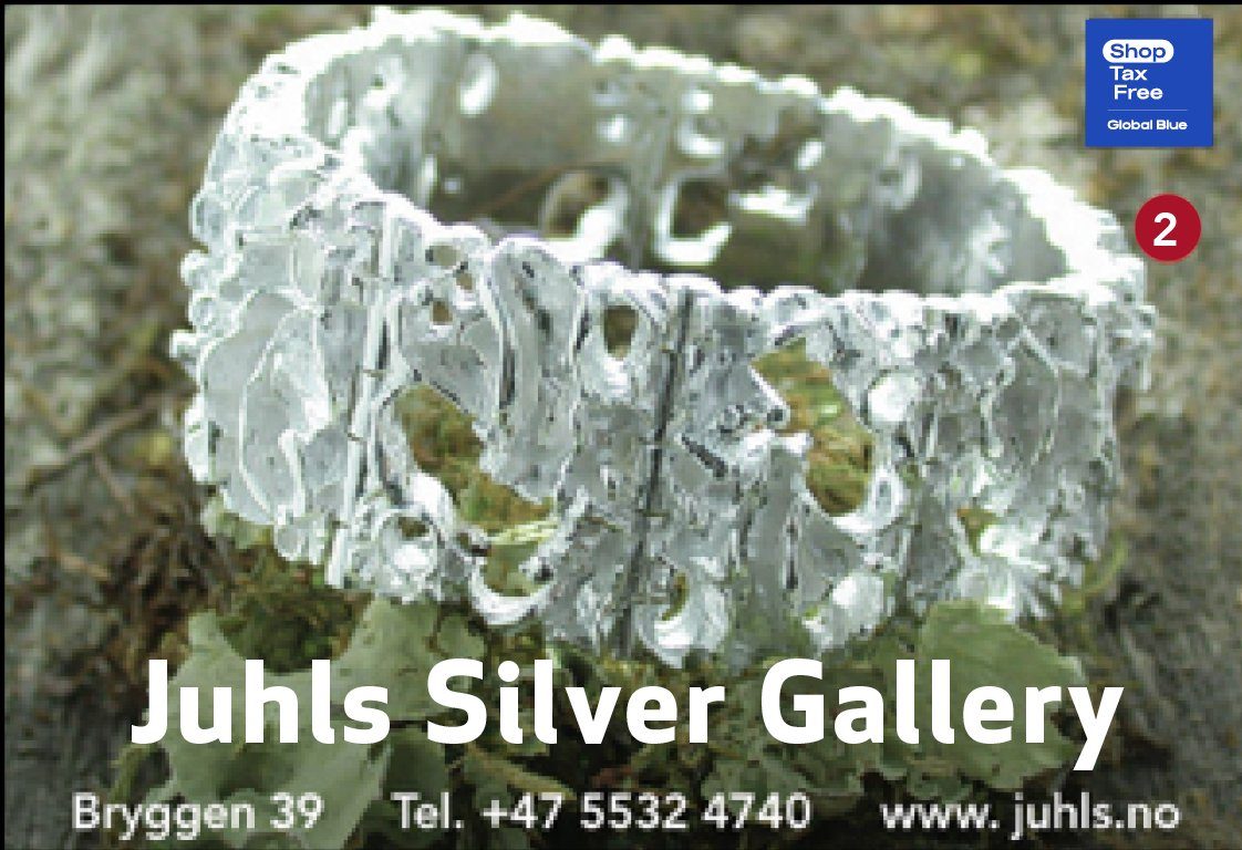 Juhls Silver Gallery – unique silver jewellery and Scandinavian design. Number 2 on the map, Bryggen 39, Bergen.