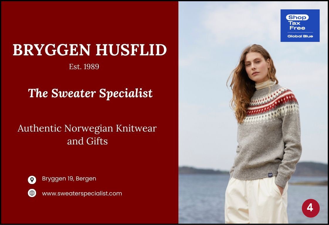 Bryggen Husflid – The Sweater Specialist. Authentic Norwegian knitwear and gifts. Est. 1989. Number 4, Bryggen 19, Bergen.
