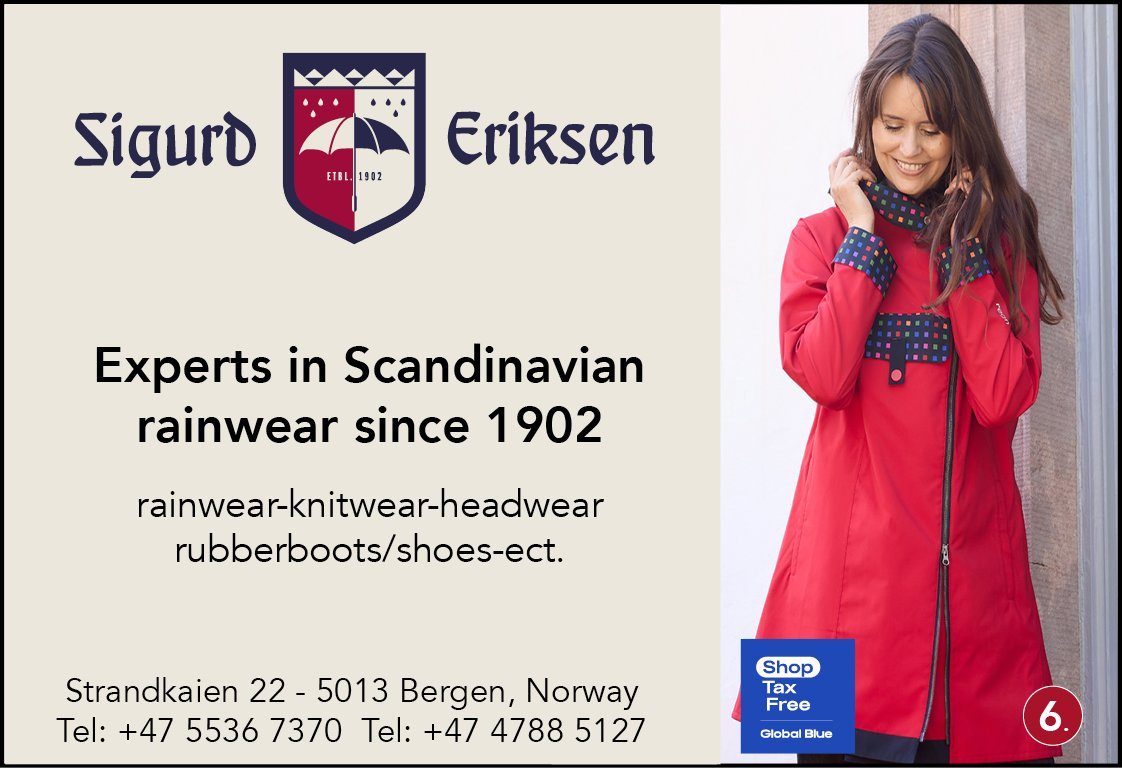 Sigurd Eriksen – experts in Scandinavian rainwear since 1902. Number 6 on the map, Strandkaien 22, Bergen.