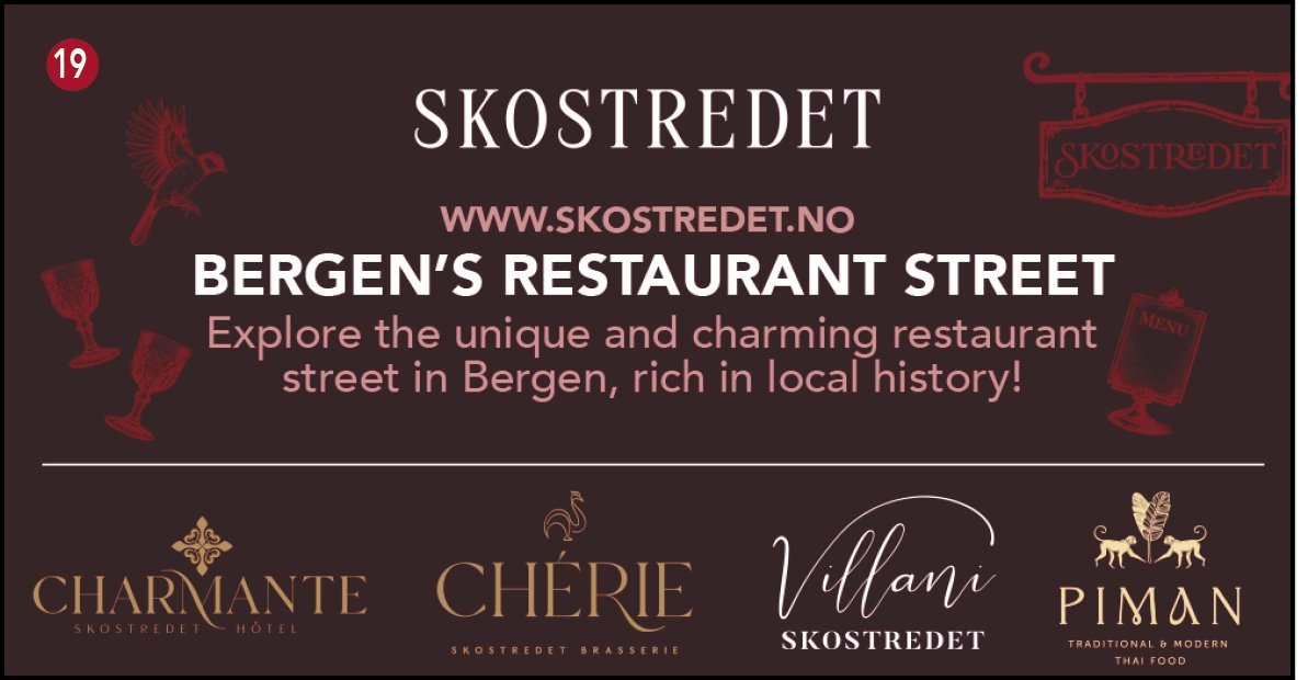 Skostredet – Bergen's restaurant street featuring Charmante, Chérie, Villani and Piman. Number 19 on the map.