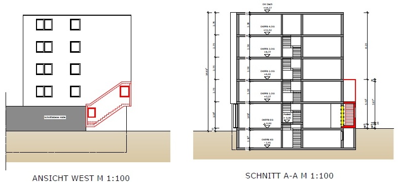 Arkitekttegning av boligbygg – fasade og snitt i målestokk 1:100