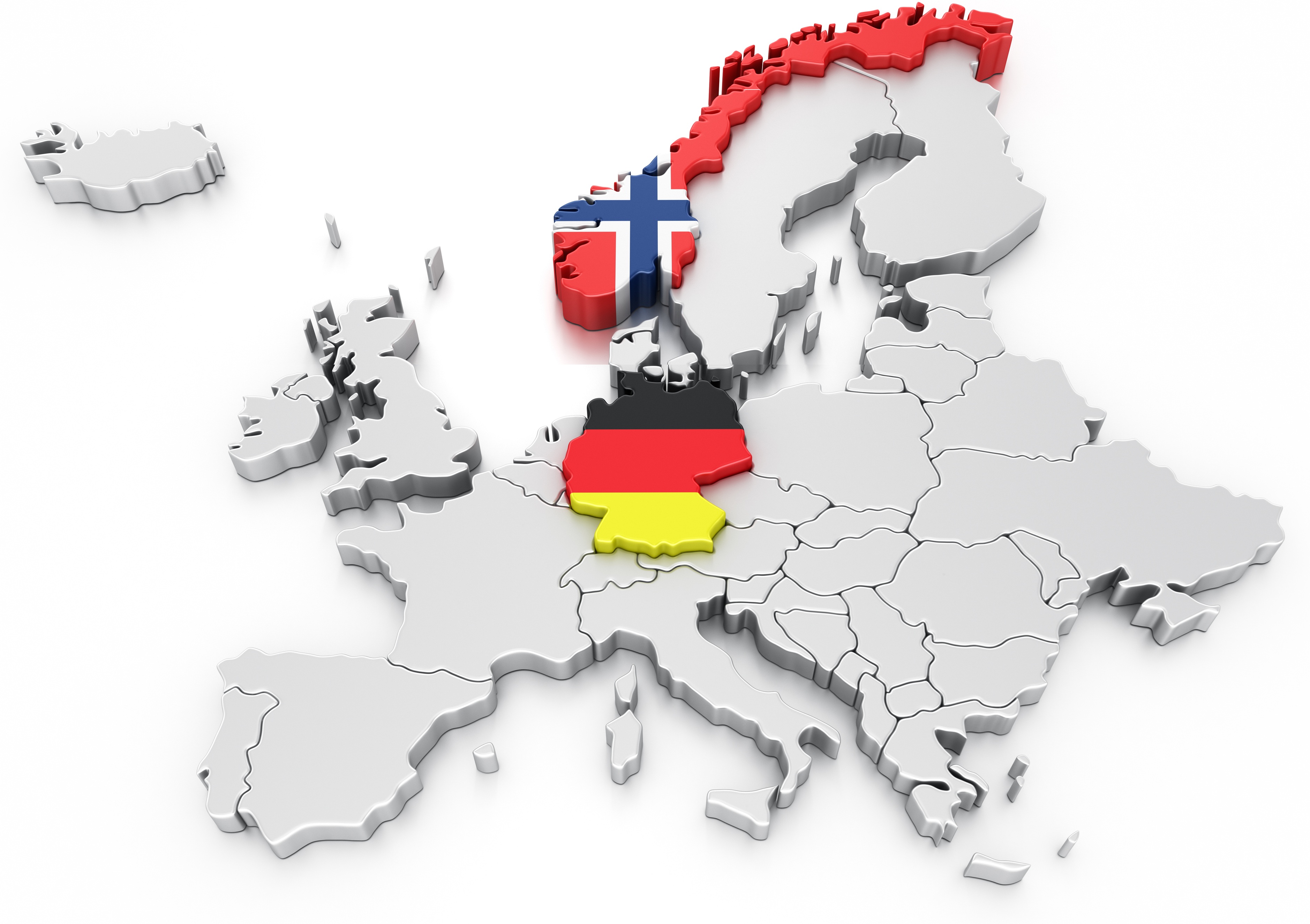 Kart over Europa med Norge og Tyskland markert med nasjonalflagg – Wieme Eiendom opererer i begge land