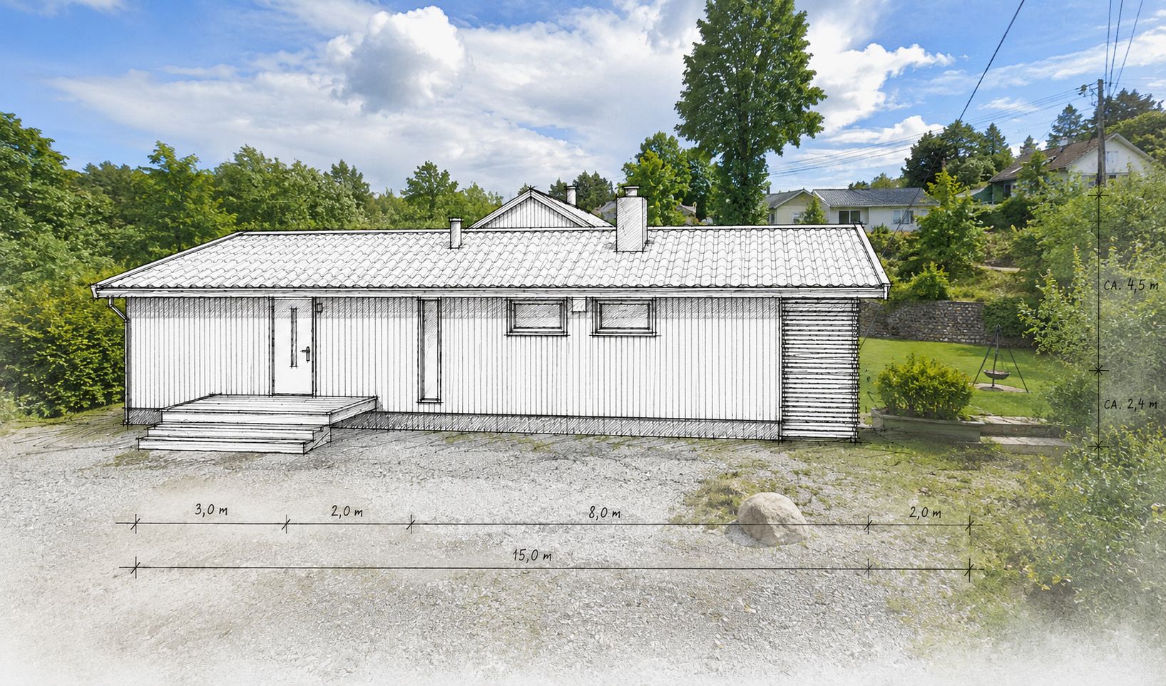 Illustrasjon av enebolig – håndtegnet fasade med mål, 15 meter bredde