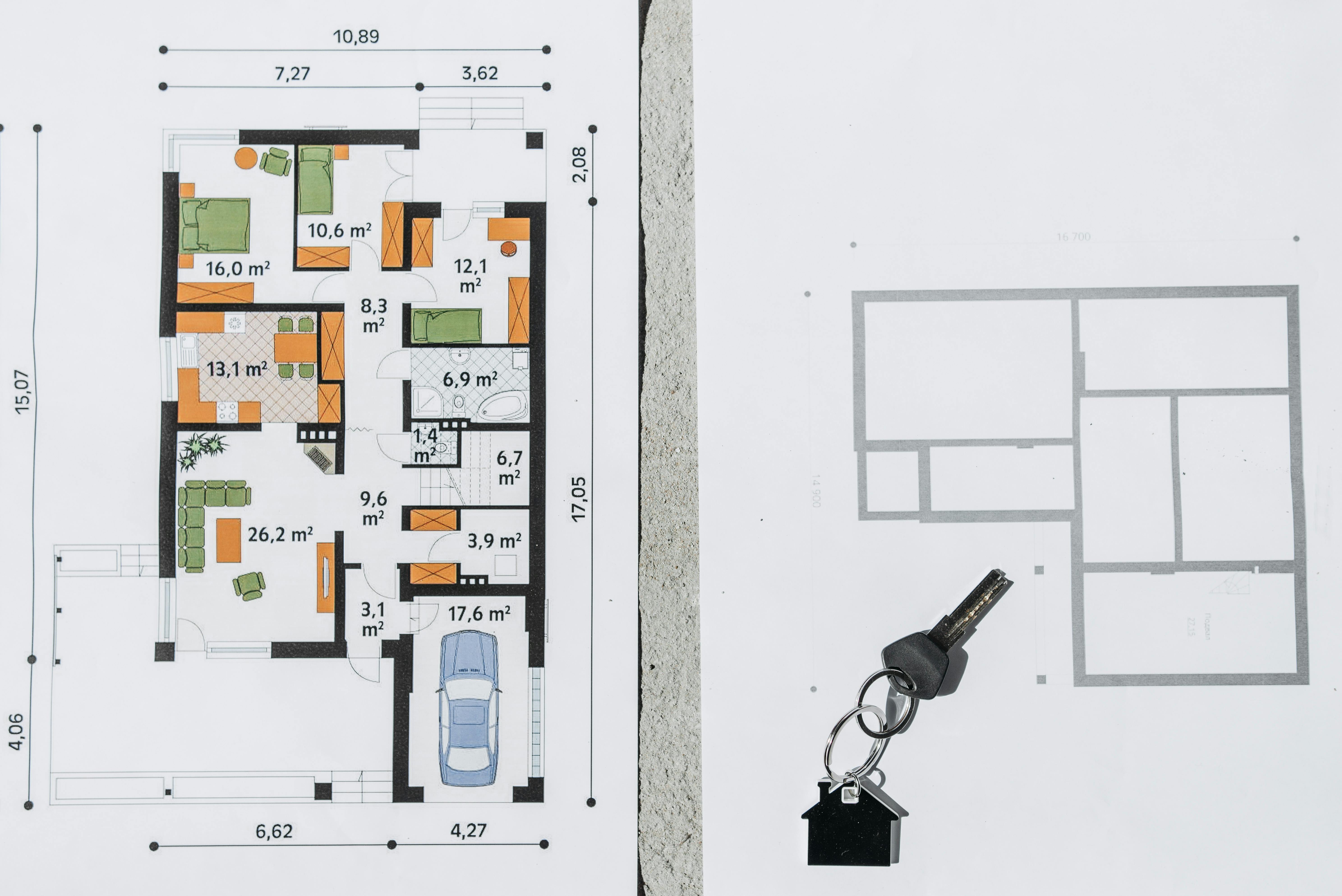 Plantegning av boligleilighet med romstørrelser angitt i kvadratmeter