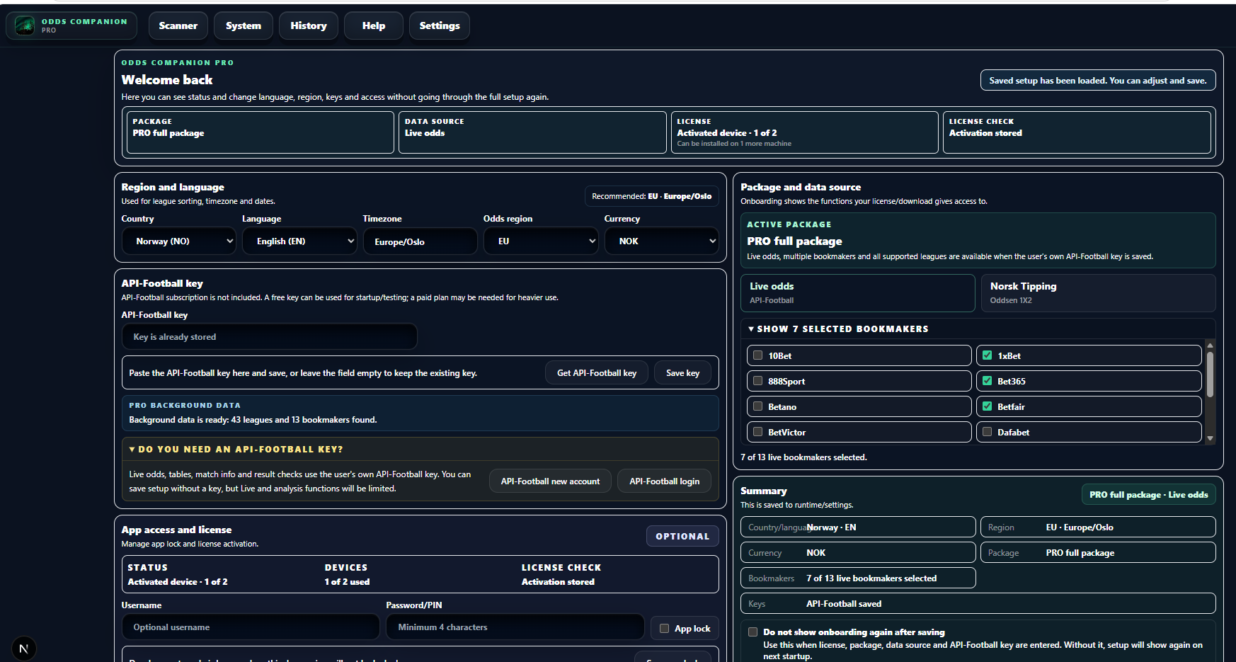 Odds Companion PRO oppsett