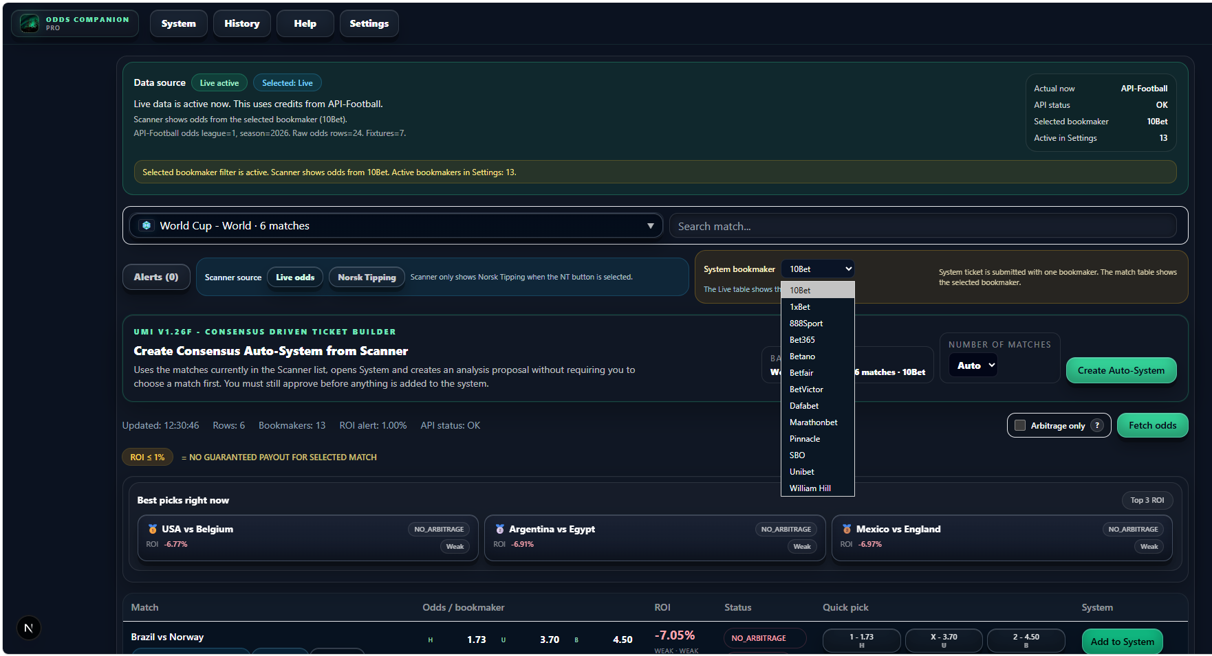 Odds Companion PRO Scanner with live odds and multiple bookmakers