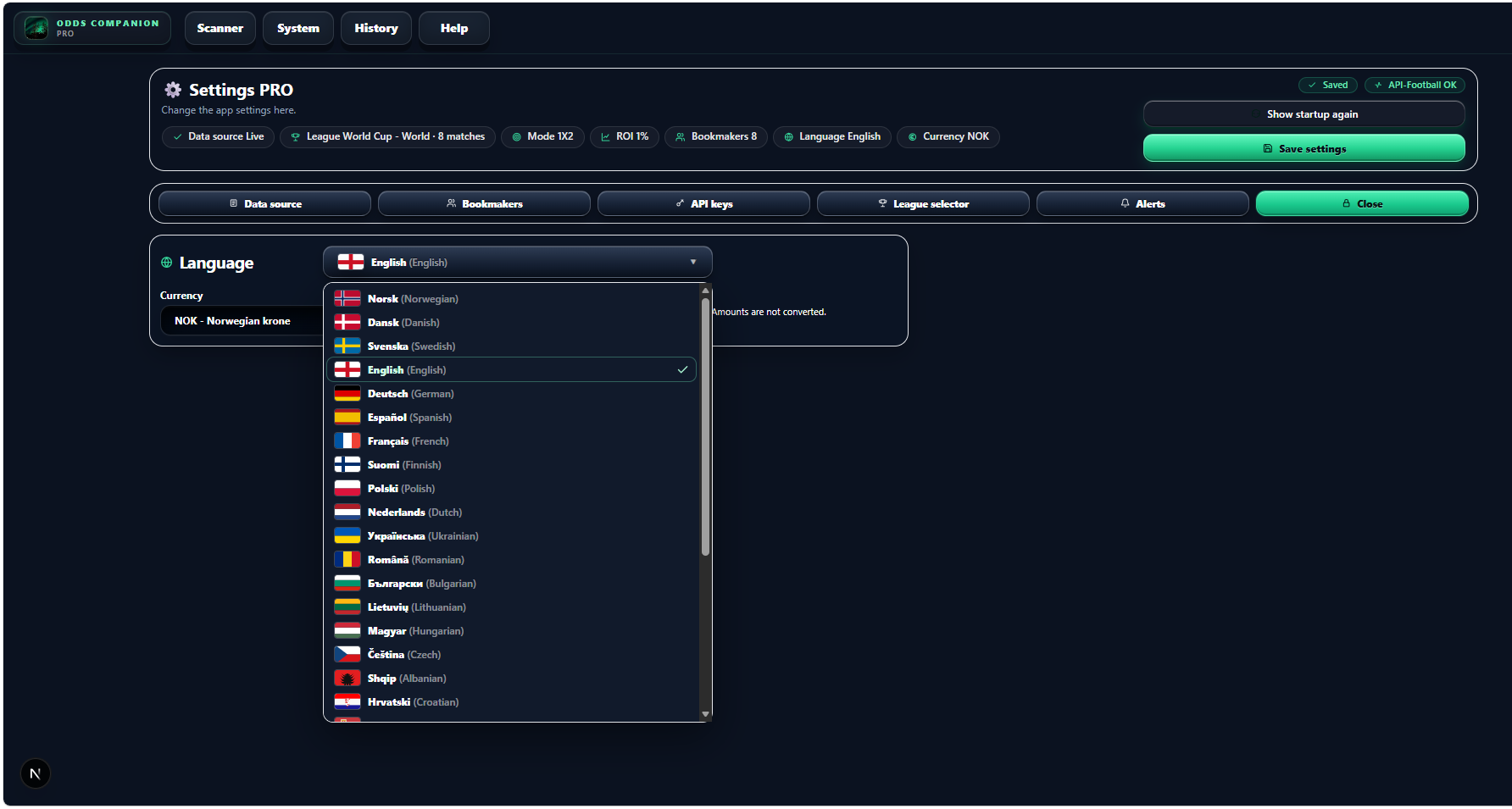 Språk og innstillinger i Odds Companion desktop