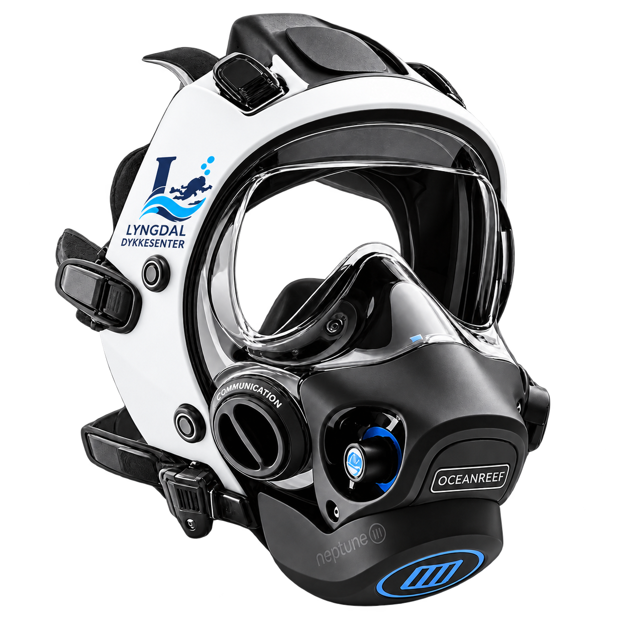 Ocean Reef Neptune III med hvit Extender Frame og Lyngdal Dykkesenter-logo