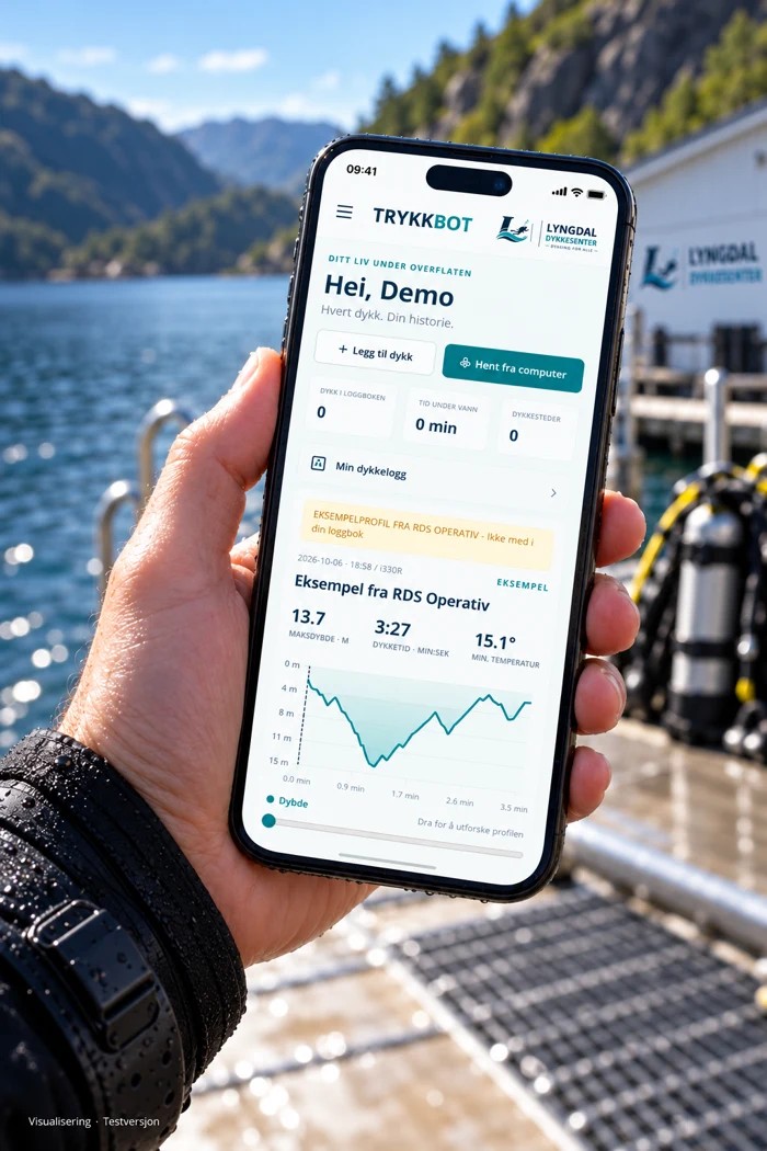 Trykkbot dykkedagbok på telefon i hånden til en dykker
