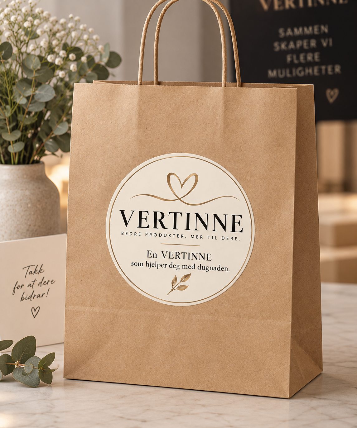 Vertinne papirpose med etikett – en vertinne som hjelper deg med dugnaden