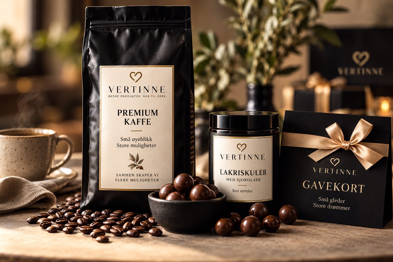 Vertinne premium kaffe, lakriskuler med sjokolade og gavekort