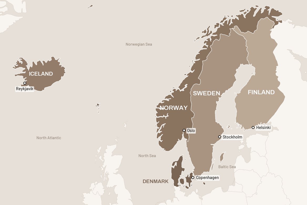 Map of the Nordic countries: Norway, Sweden, Denmark, Finland and Iceland