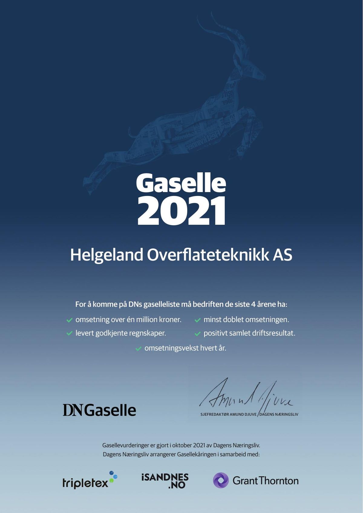 DN Gaselle 2021-diplom tildelt Helgeland Overflateteknikk AS