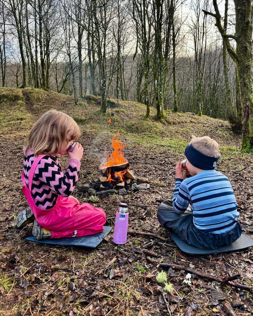 To barn sitter ved bål i skogen