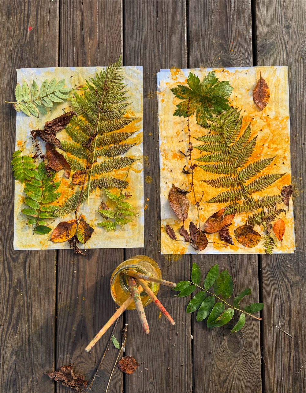 Naturkunst med bregner og høstblader på papir